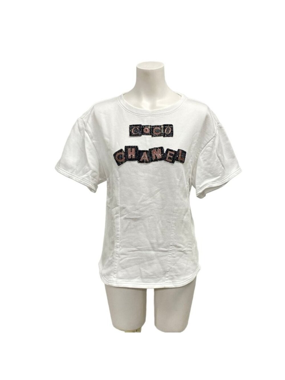 Chanel Short Sleeve Top S White Black Pink Rhinestone Sweatshirt Cotton
